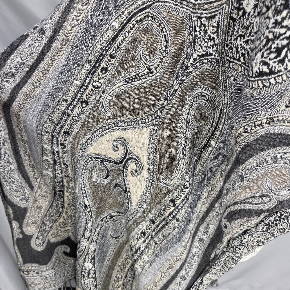 Designer Black & Off-White Shawl Scarf Wrap with Fringed Edges Very Soft